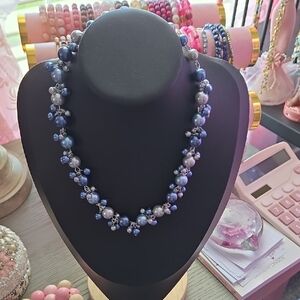 Chic Periwinkle Blue and Silver Faux Pearl Statement Necklace